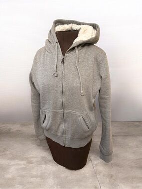 Forever 21 Light Gray Faux Fur Lined Zipper Hooded Sweater -Lg Petite